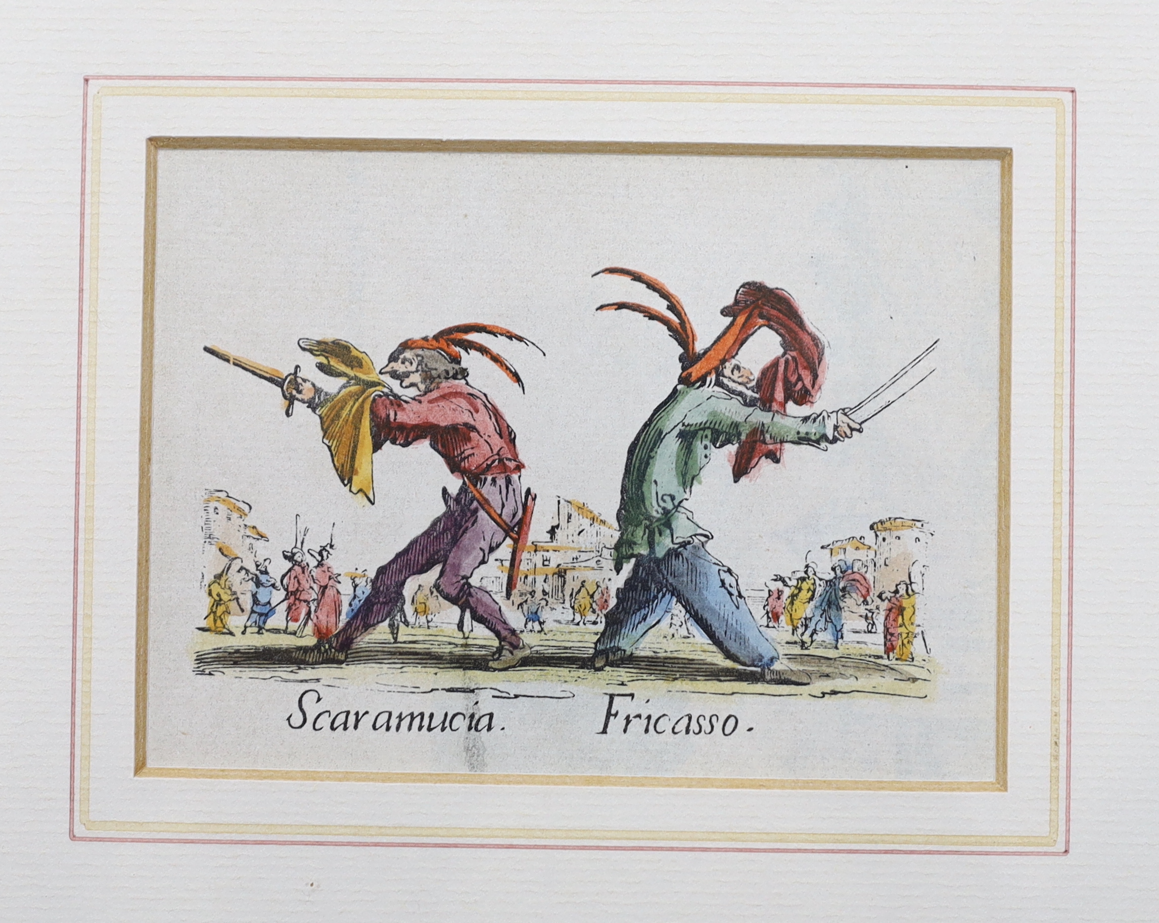After Jaques Callot (French, 1592-1635), set of six colour prints from the series ‘Balli Di Sfessania’, 8 x 10cm